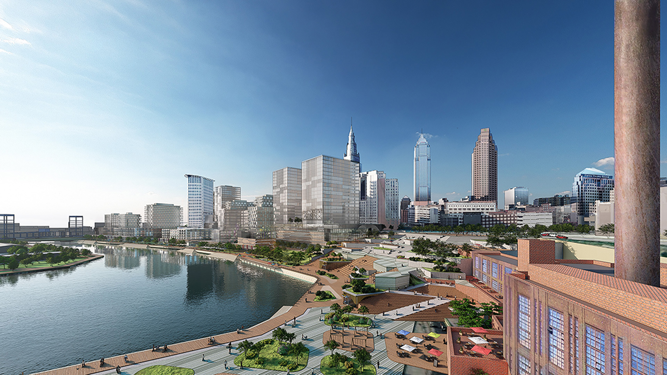 Concept rendering of plazas and new uses along the reimagined Cuyahoga River