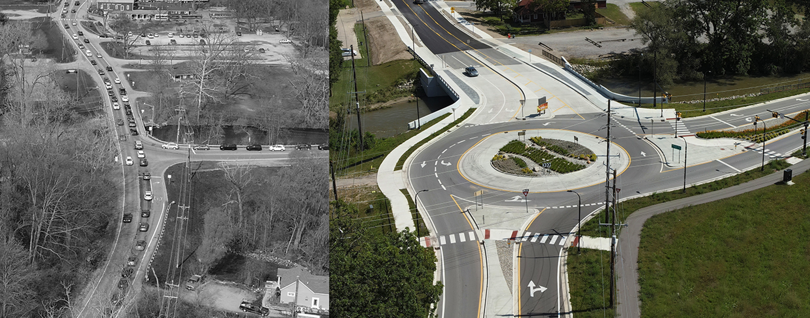 Before and after photos, demonstrating how new solution eliminated mile-long traffic backups and added pedestrian facilities.