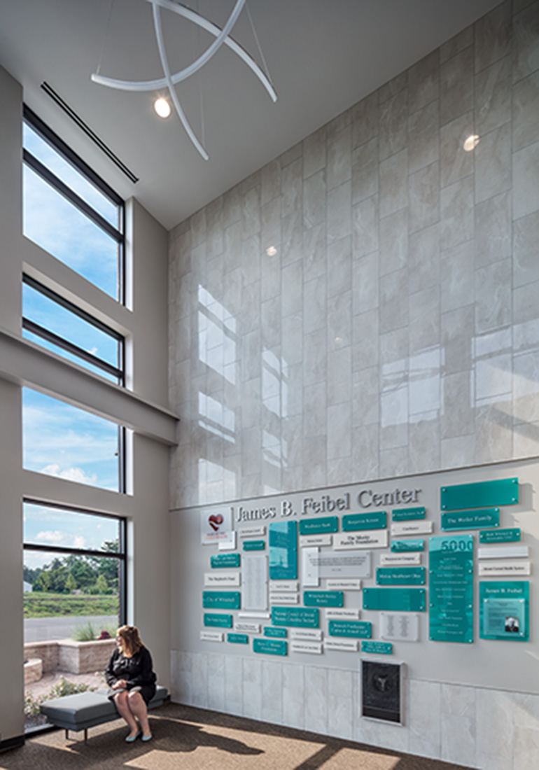 Natural lighting and seating in the lobby of Heart of Ohio