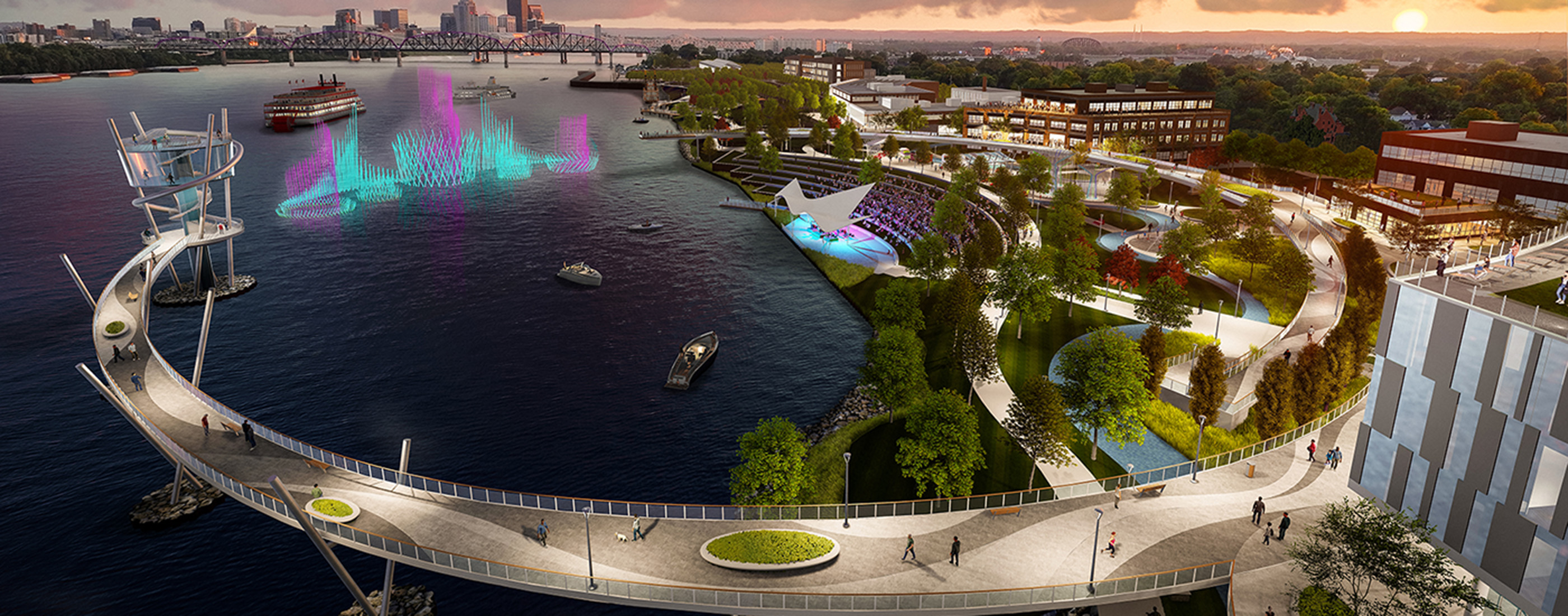 Color rendering of conceptual pier and walkway over the Ohio River at Jeffboat site.