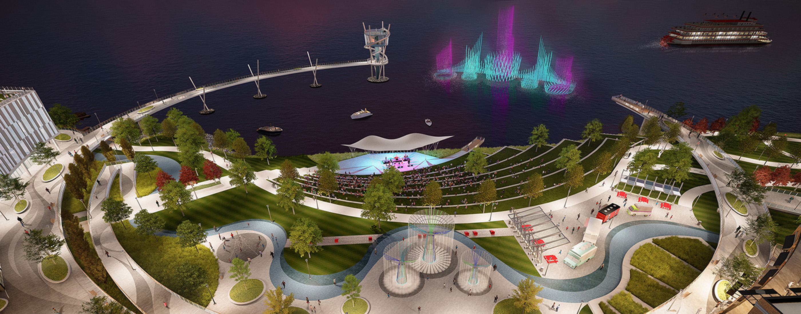 Color rendering of waterfront amphitheater and plaza at Jeffboat site.