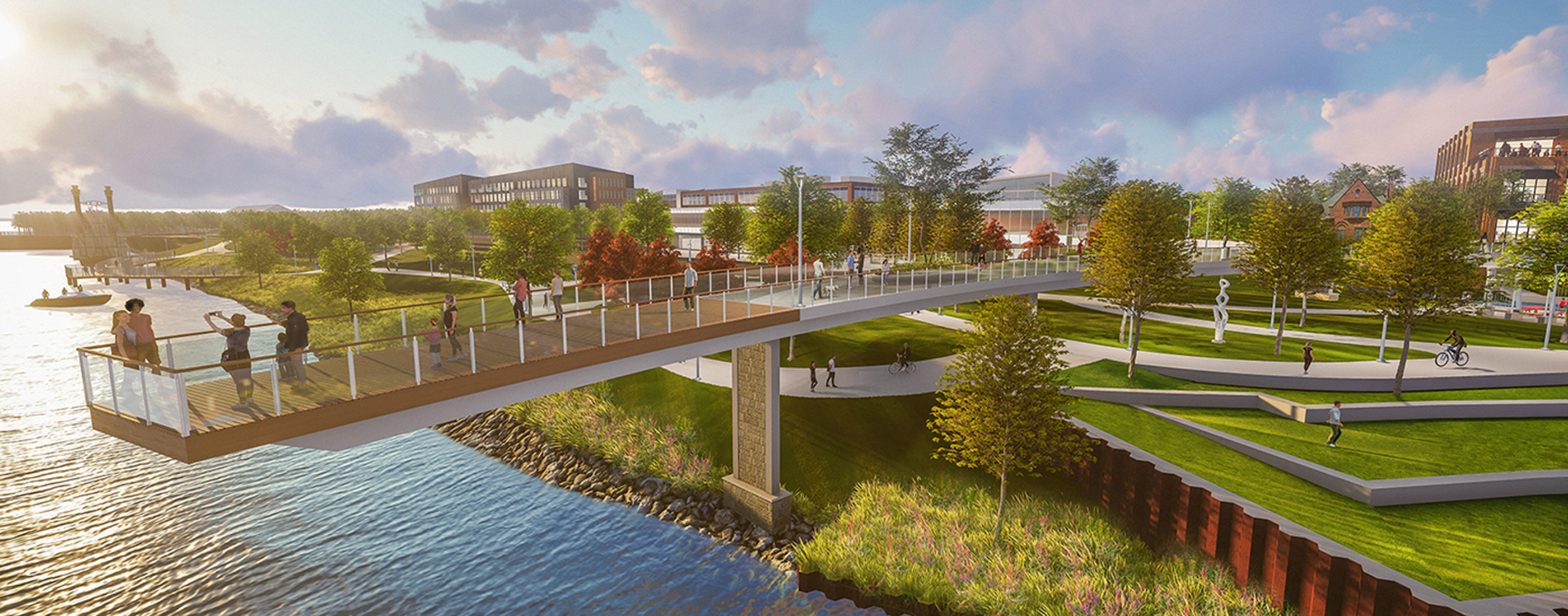 Color rendering of elevated viewing platform overlooking the Ohio River at Jeffboat site.