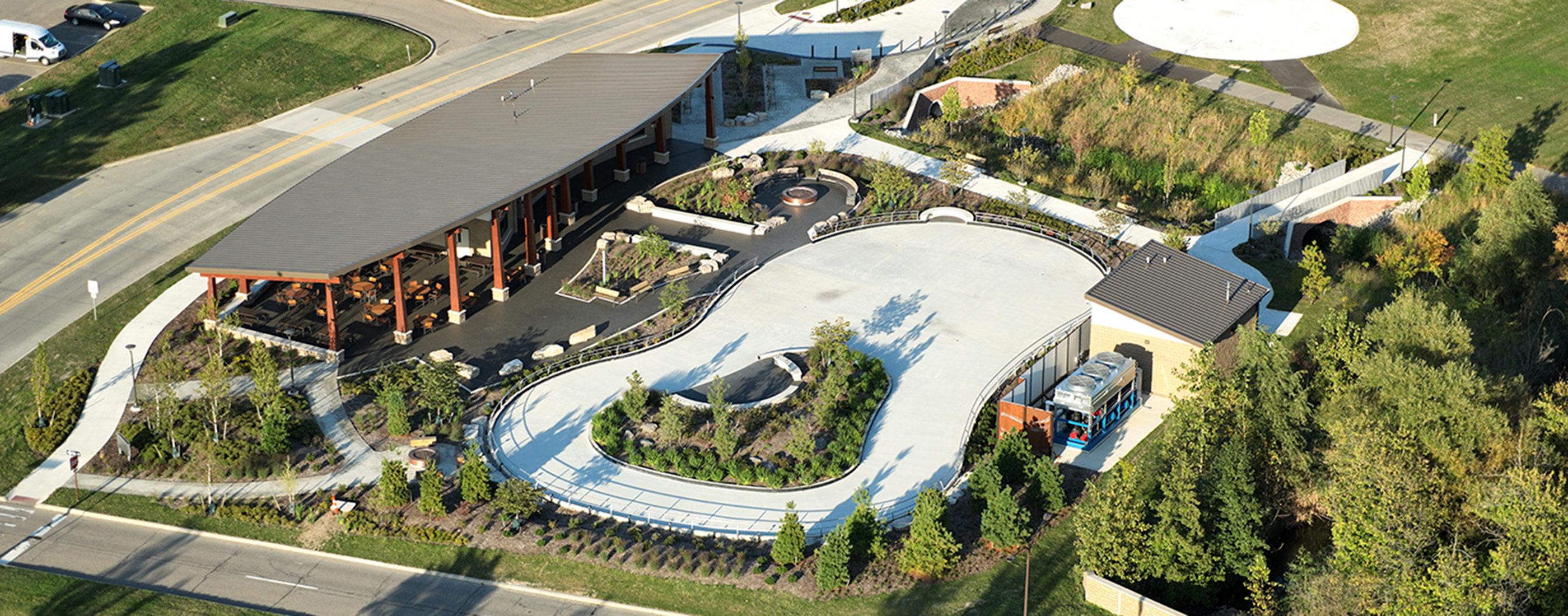 Aerial photo of the pavilion and skating ribbon at Jeanne Stine Park in Troy, Michigan.