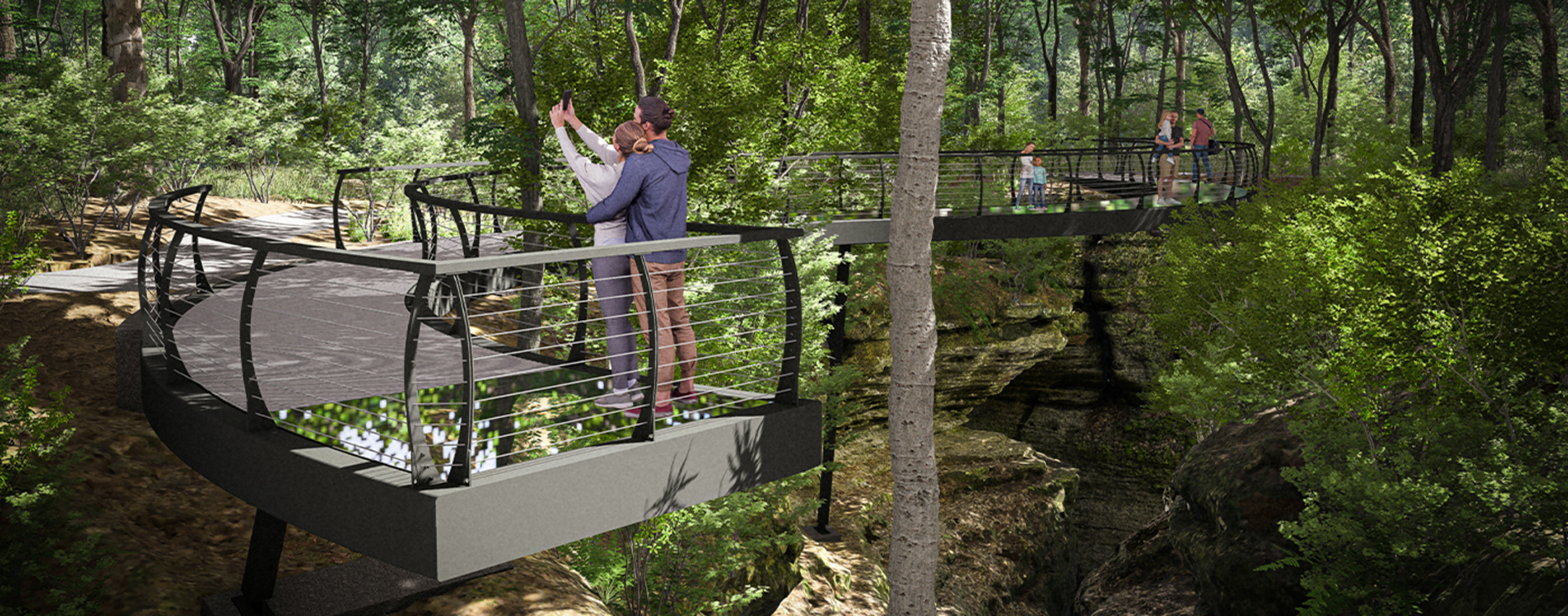 Couple taking selfie on walkway bridge in the forest