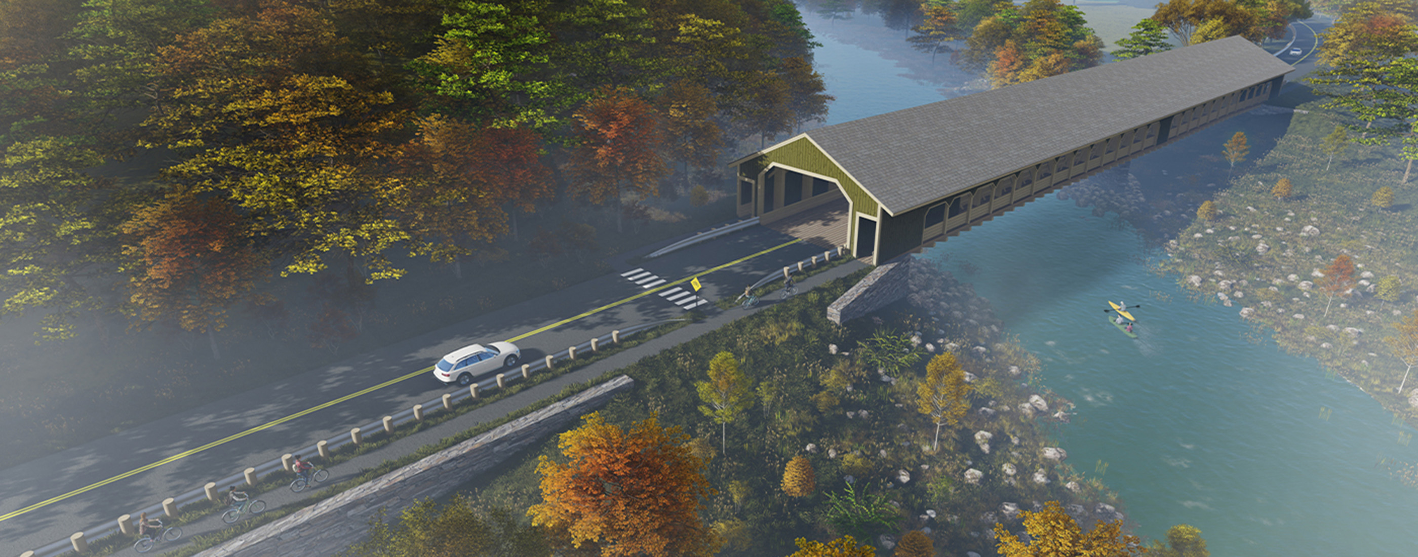 Covered bridge over water with car entering
