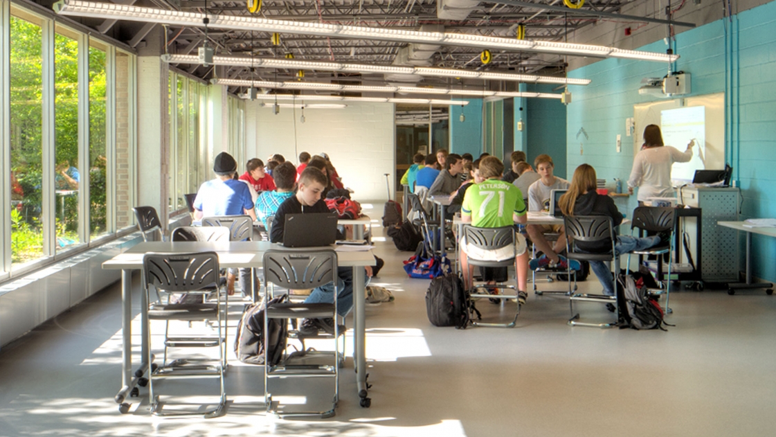 Marysville STEM High School offers small classrooms, reconfigurable furniture and bright colors.