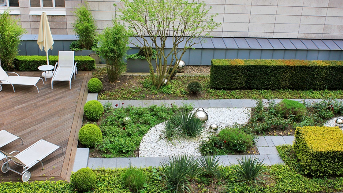 Outdoor space with greenery and comfortable seating