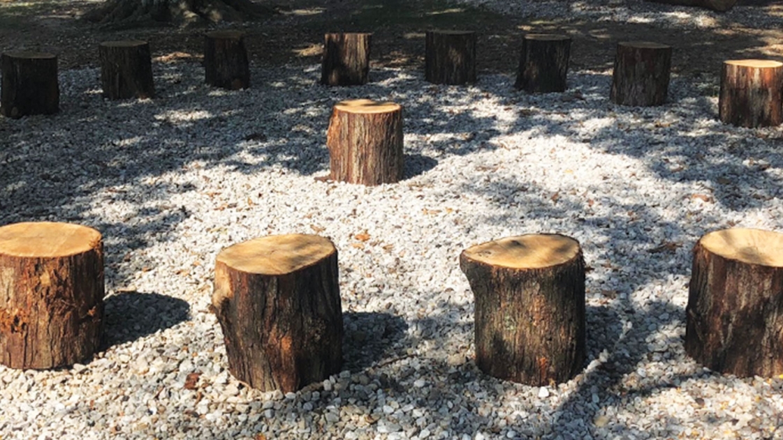 A tree circle promotes outdoor learning.