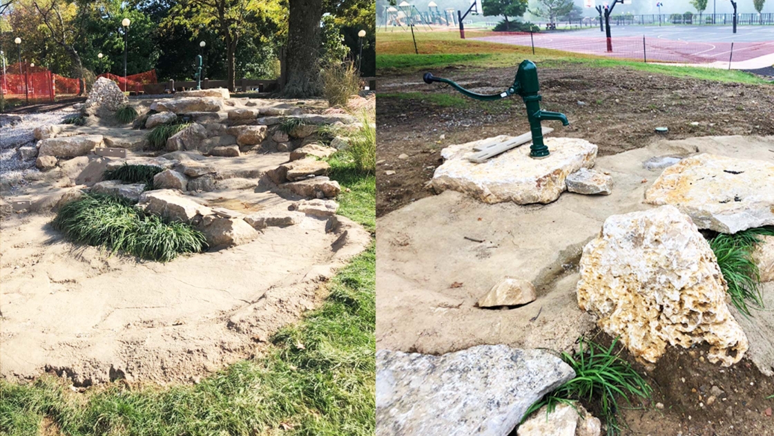 A water/rock feature encourages tactile learning.