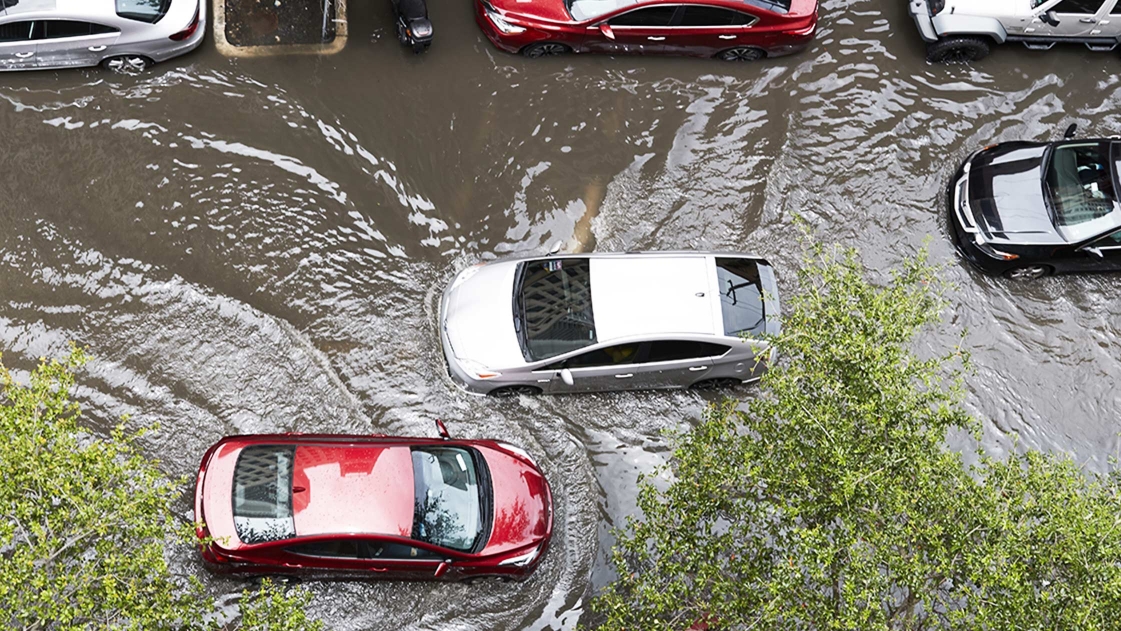 Cars stranded in flood waters