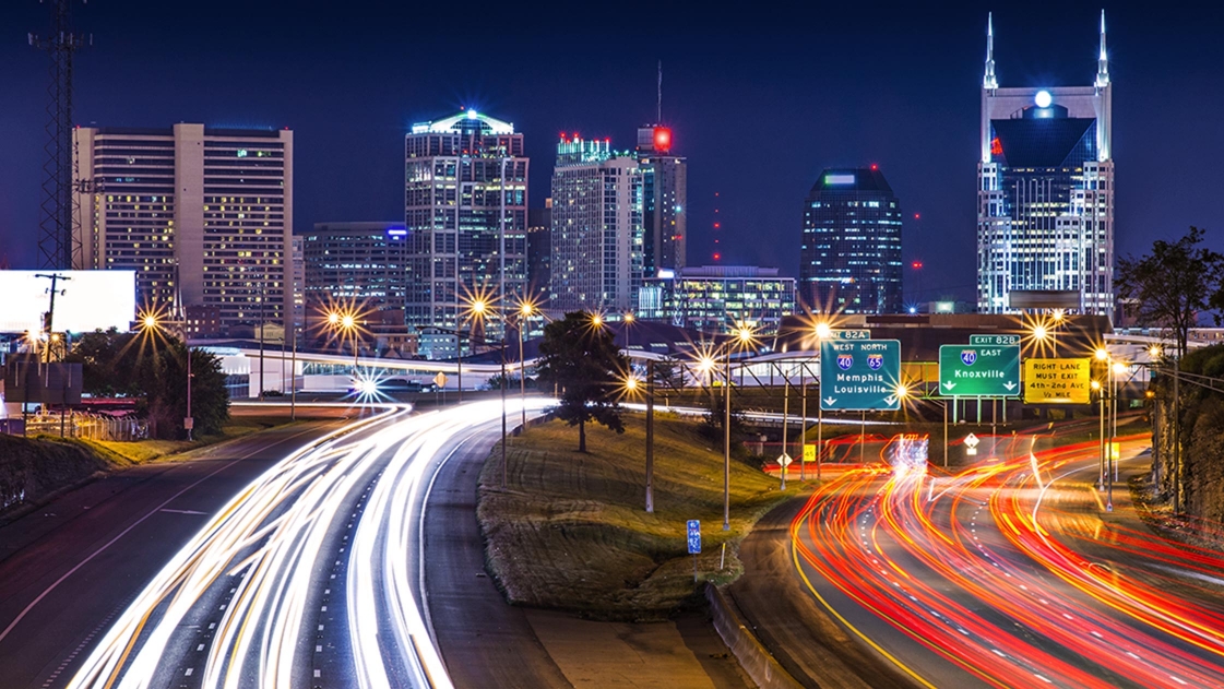 A nighttime view of Downtown Nashville, TN