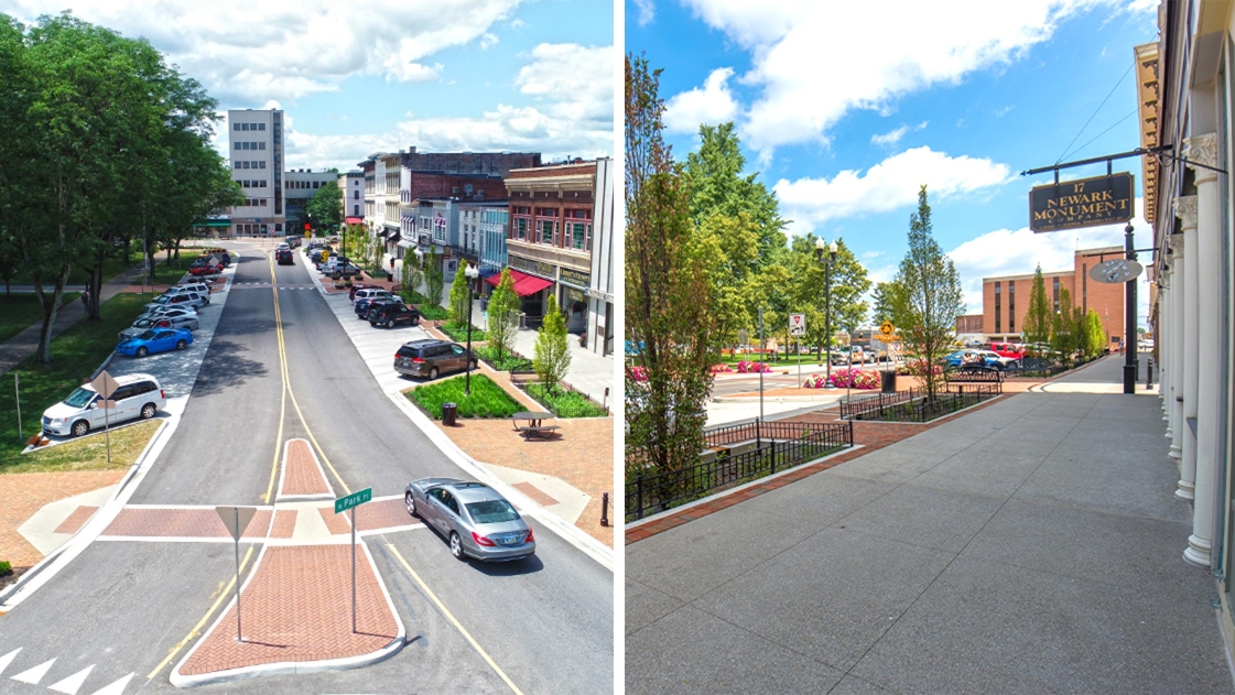 A view of the streets and pedestrian walkways throughout Downtown Newark, Ohio