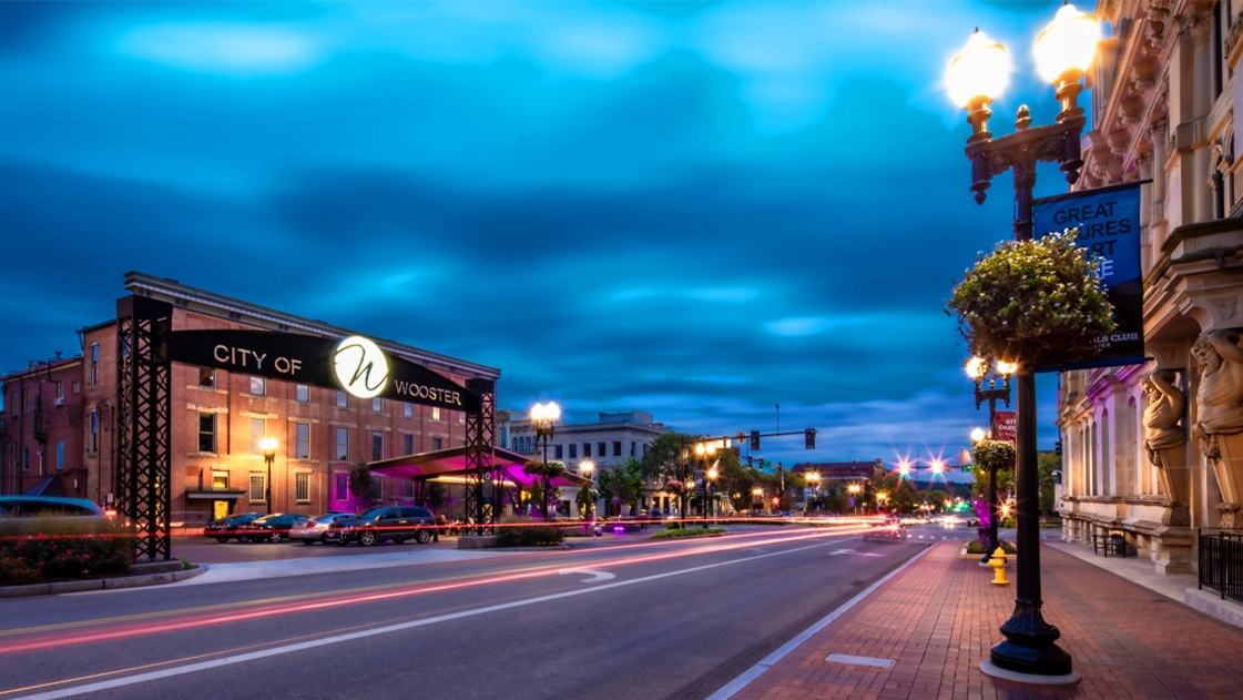 A nighttime view of the award-winning Wooster Downtown Plan.