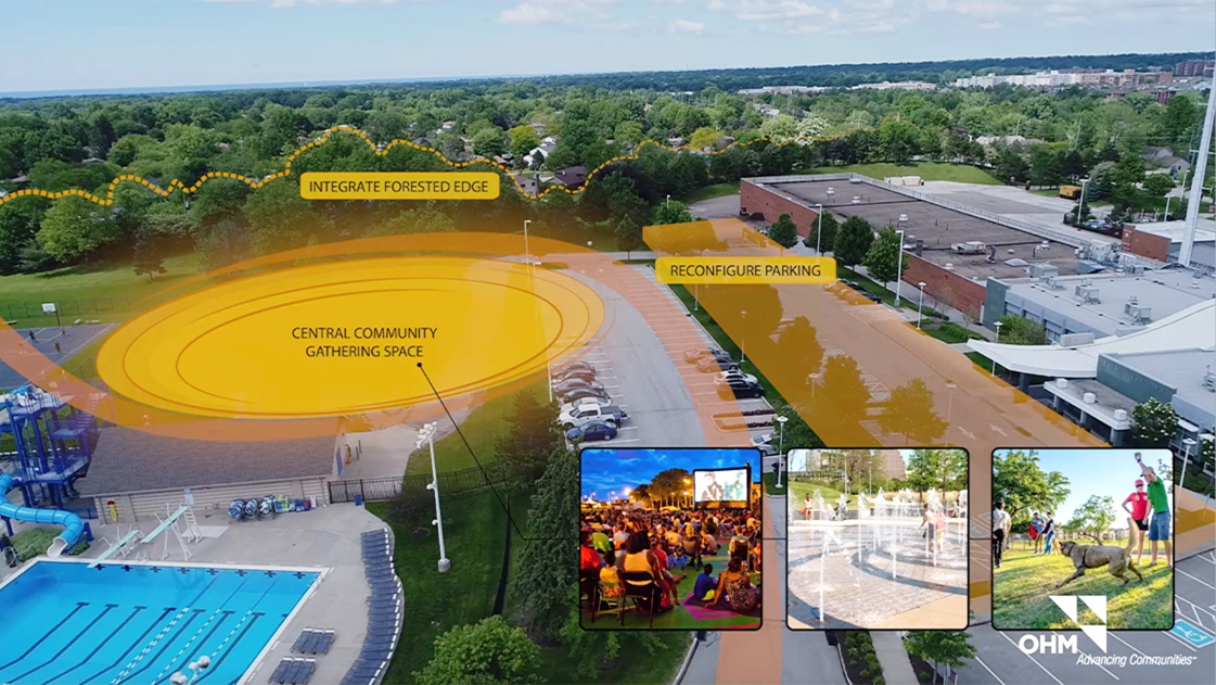 OHM Advisors uses drone video to show a proposed central community gathering space.