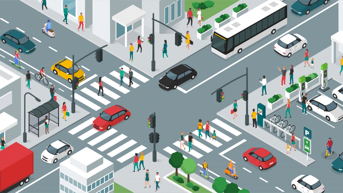 Various transportation needs and safe pedestrian crossings at an intersection.