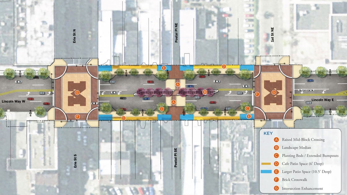 Streetscape design in the City of Massillon, Ohio improves safety for both pedestrians and drivers.