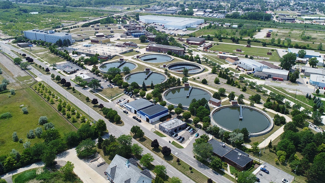 Aerial of the Downriver Utility Wastewater Authority System in Wayne County, the second largest in Michigan.