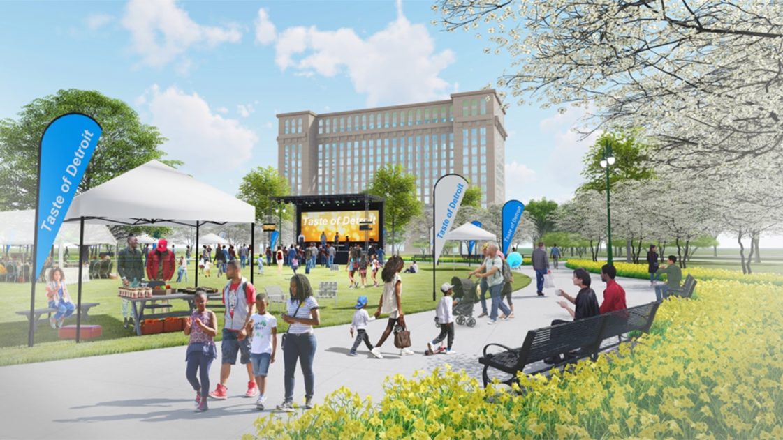 Roosevelt Park rendering showing an event on the central lawn