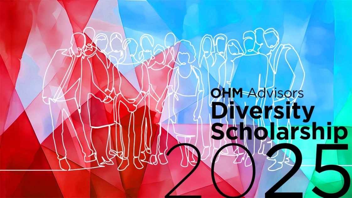 Graphic representing the OHM Advisors Scholarship, which announced 14 winners for 2025