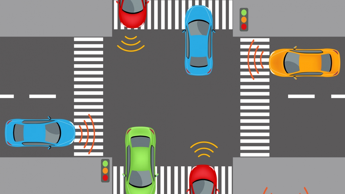 Connected vehicles warn drivers about upcoming traffic.