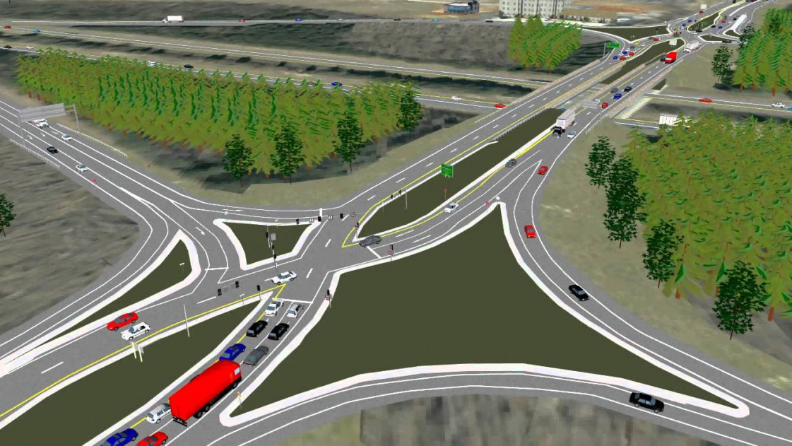 Depiction of a DDI indicates traffic flow as it directs traffic into the diverging left lane before crossing back to the correct side of the road