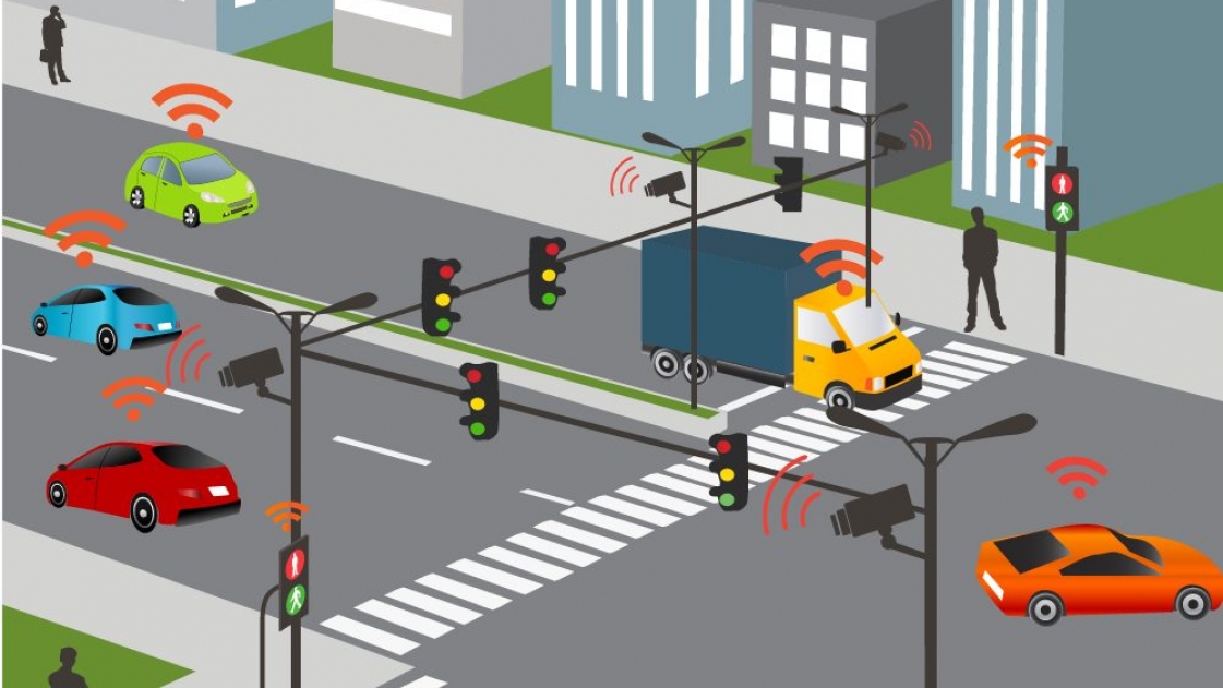 Connected vehicles communicate vehicle-to-vehicle or vehicle-to-infrastructure.