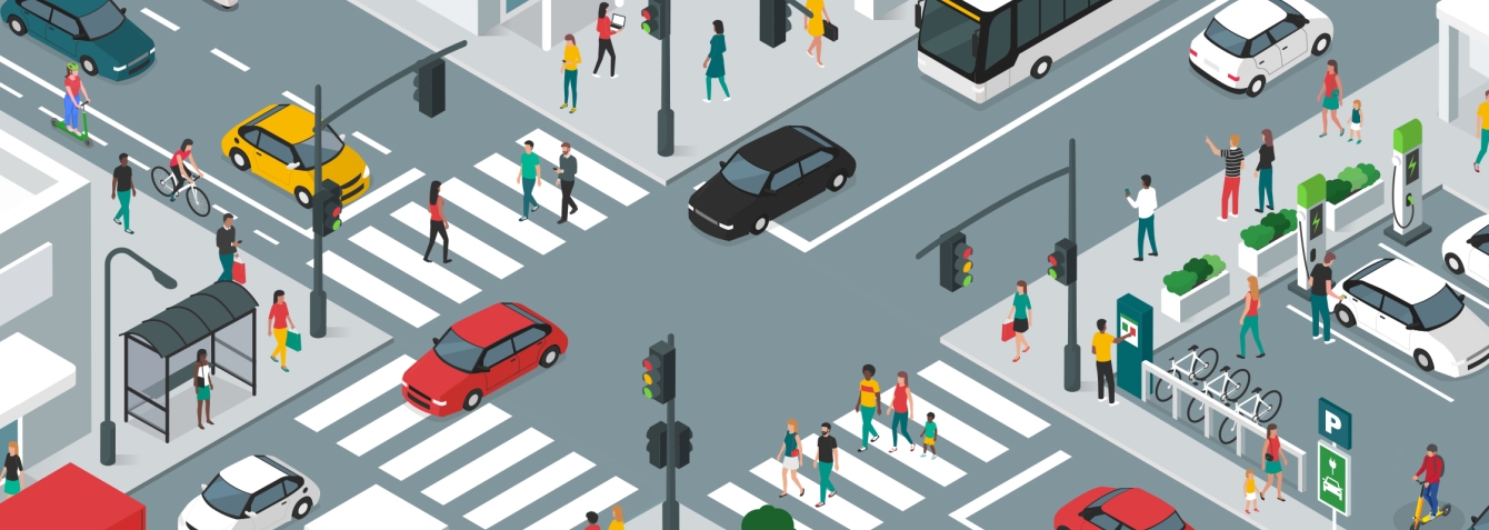 Various transportation needs and safe pedestrian crossings at an intersection.