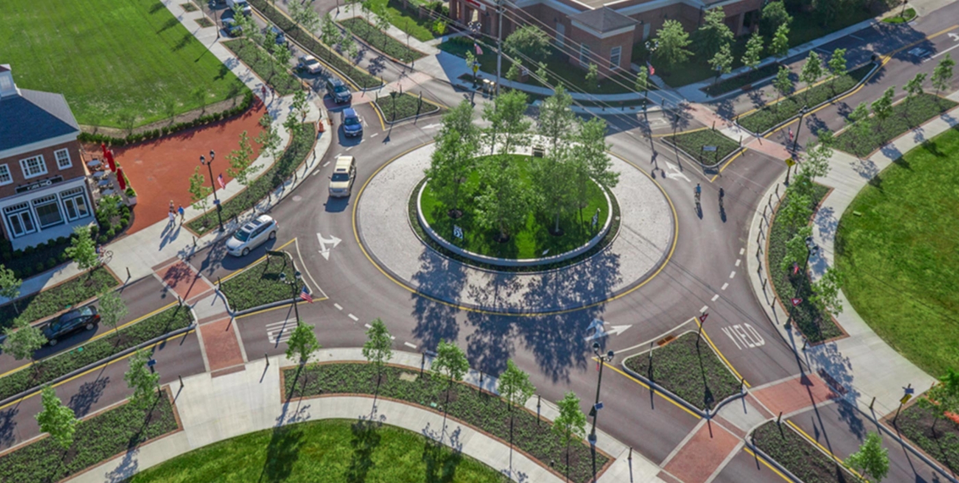 An aerial view of the new roundabout designed by OHM Advisors for the city of New Albany, Ohio.
