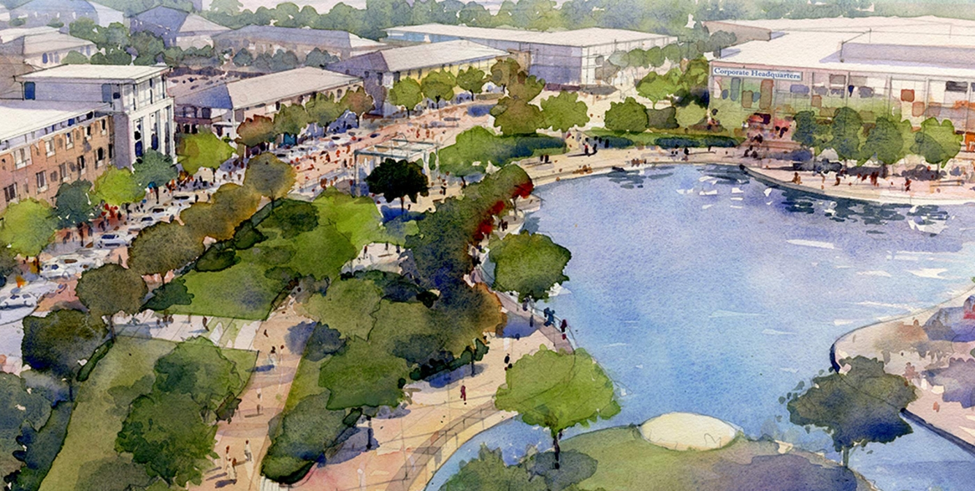 Water color of OHM Advisors' vision to develop Northland Mall in Southfield, MI