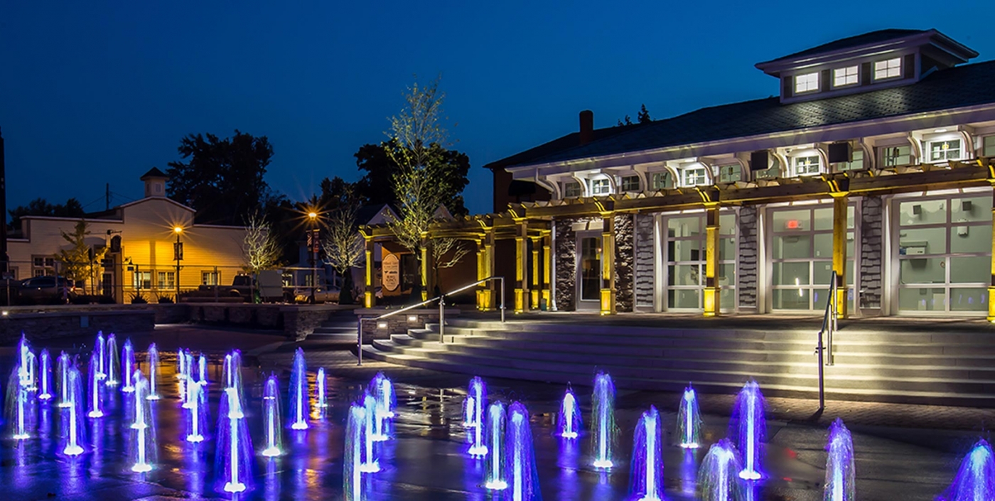 Hilliard, Ohio’s First Responders Park includes a plaza that lights up at night.