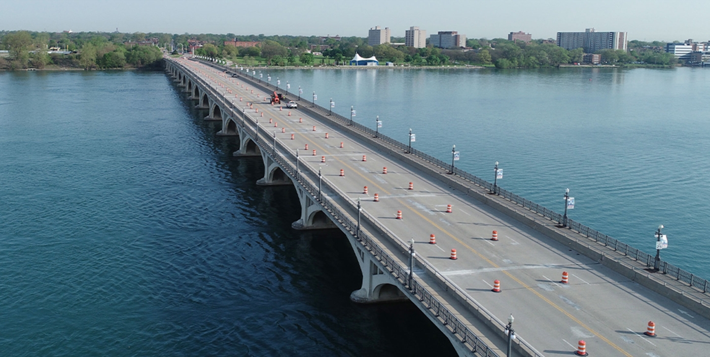Traffic cones set up as OHM Advisors helps MDOT preserve the Douglas A. MacArthur Bridge.