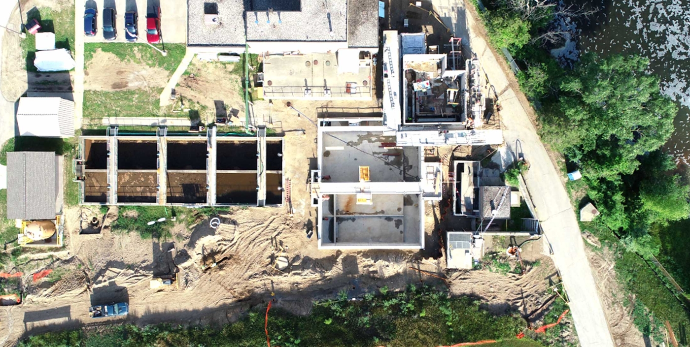 An aerial view of construction improvements to the Village of Milford's wastewater treatment plant.