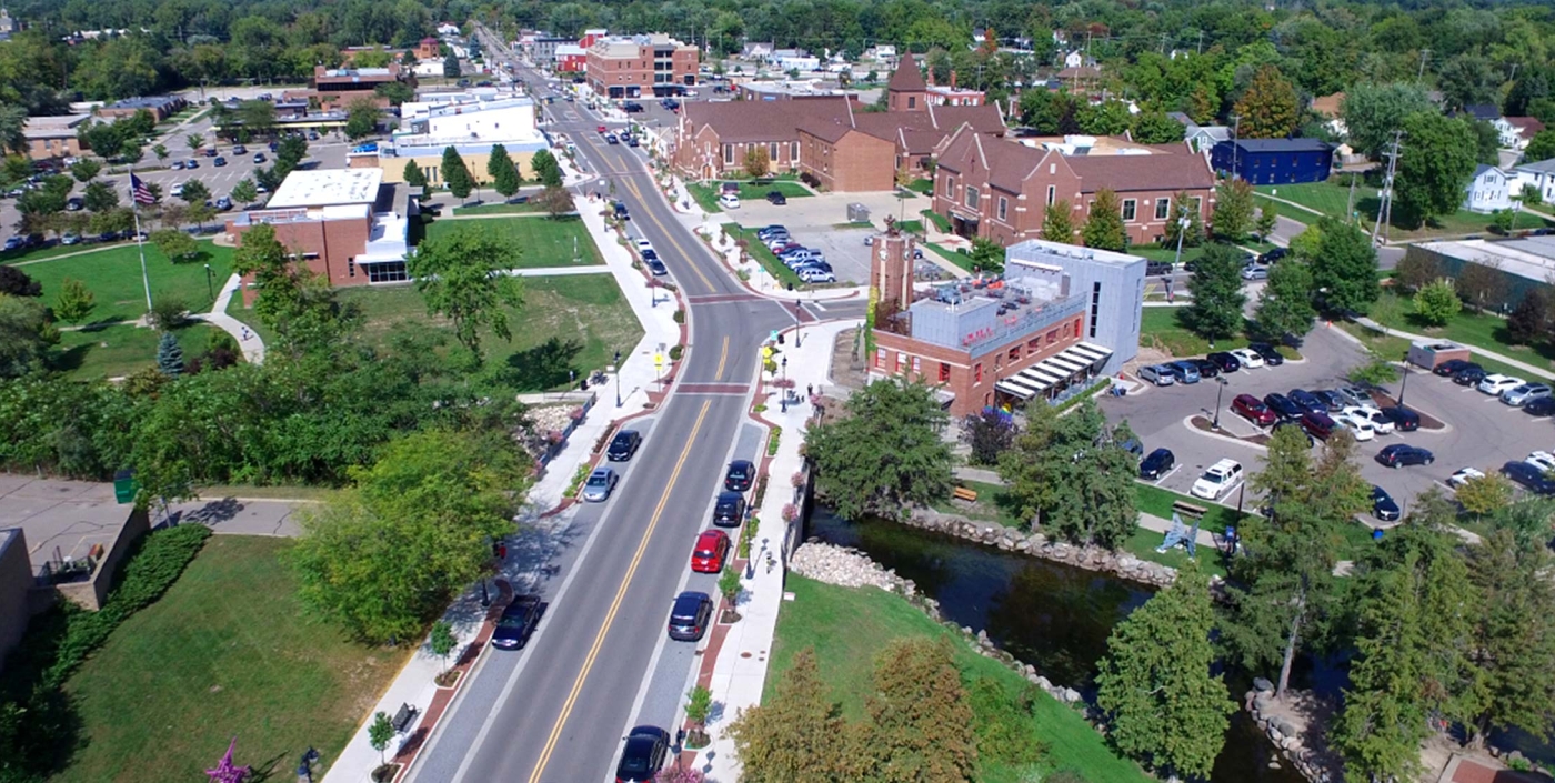 An aerial view of Fenton, Michigan’s downtown streetscape and road rehabilitation project, led by OHM Advisors.