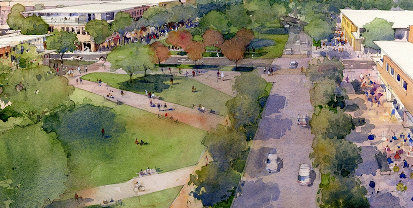 Water color of OHM Advisors' vision to develop Northland Mall into a mixed-use public space