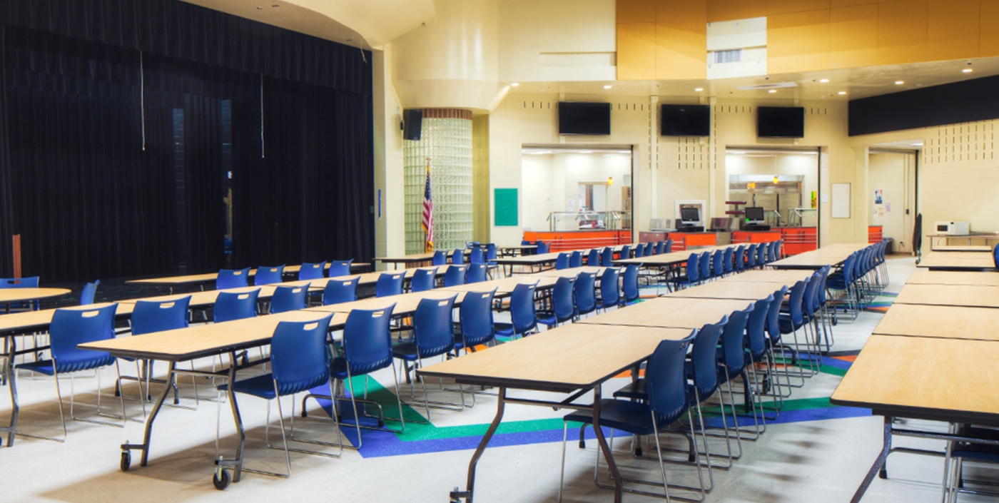OHM Advisors helped re-design this combined cafeteria and assembly space, in West Liberty-Salem Local School District’s campus.