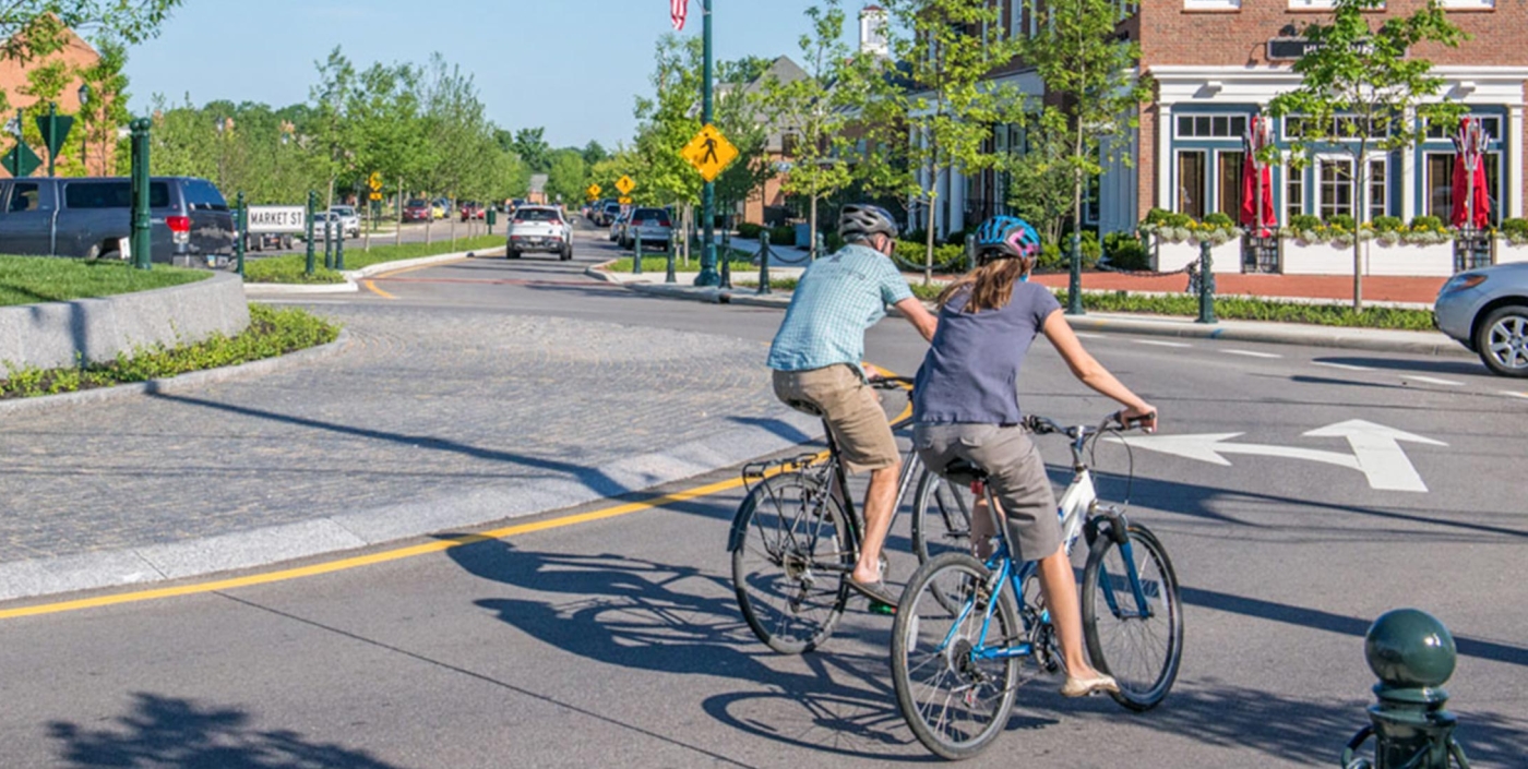 New Albany, Ohio’s central roundabout, designed by OHM Advisors, provides safe bike lanes.