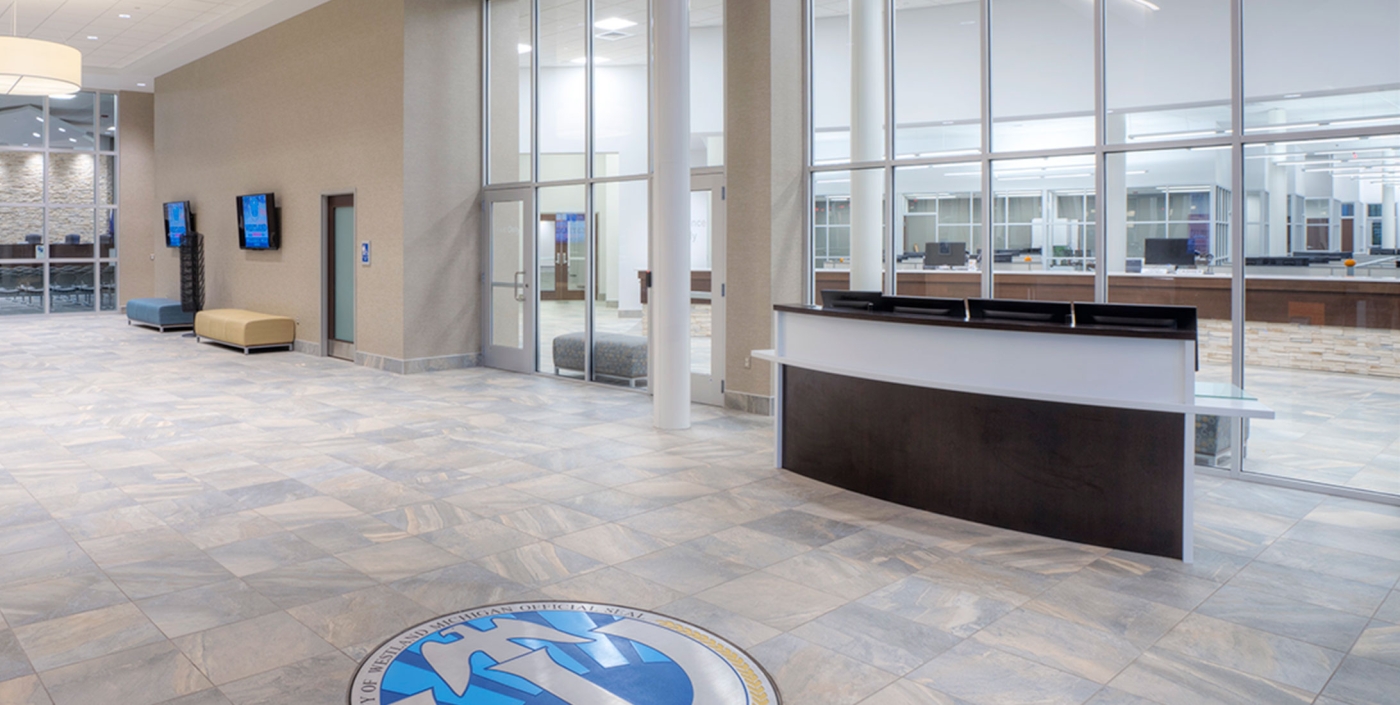 Westland, Michigan’s City Hall, designed by OHM Advisors, includes multiple department offices, a city council chambers, a broadcast studio and multi-purpose meeting rooms.