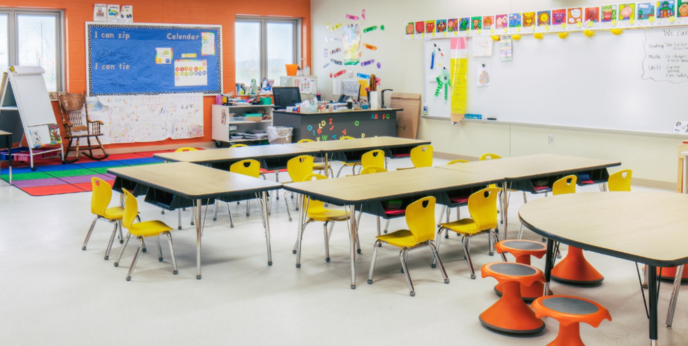 Reconfigurable furniture and bright colors create a flexible classroom in West Liberty-Salem Local School District’s campus, designed by OHM Advisors.
