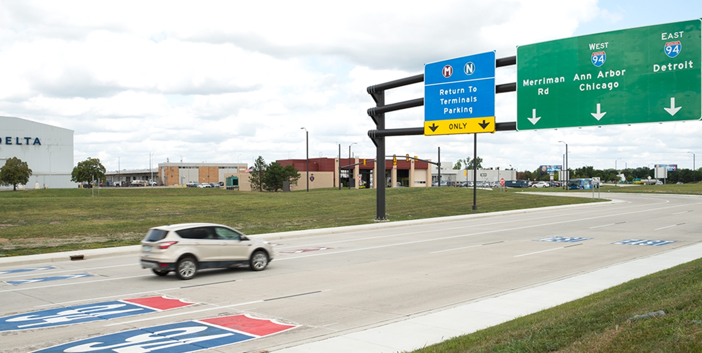 The Detroit Metropolitan Airport entrance now includes better signage along Interstate 94.