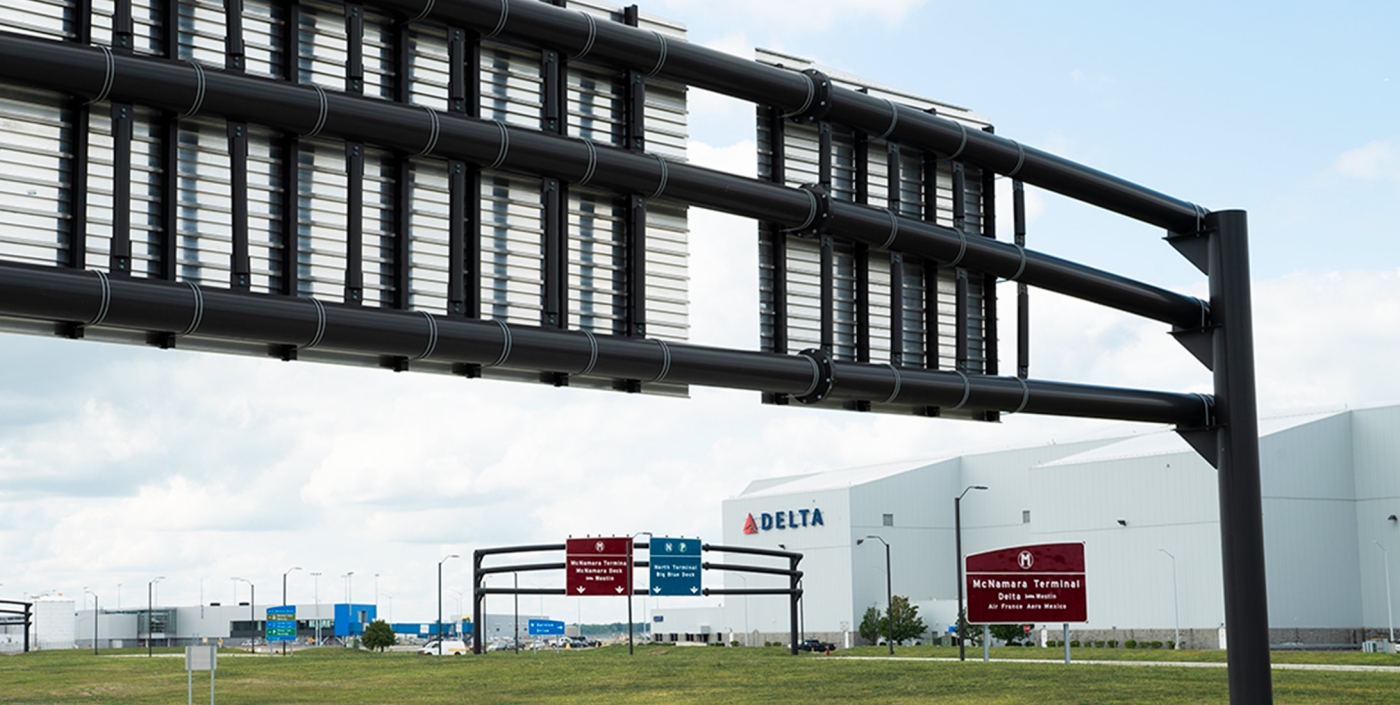 The Detroit Metropolitan Airport entrance now includes better signage, directing traffic to various terminals.