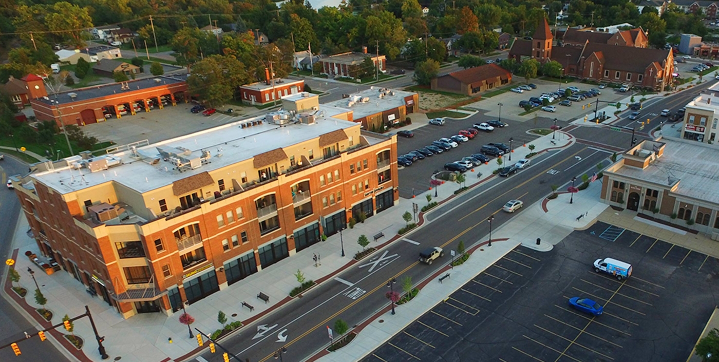 An aerial view of Fenton, Michigan’s downtown streetscape and road rehabilitation project, led by OHM Advisors.