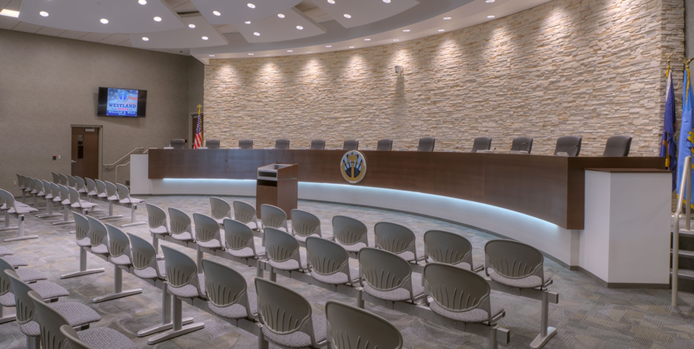 The new city council chambers in Westland, Michigan’s City Hall, designed by OHM Advisors