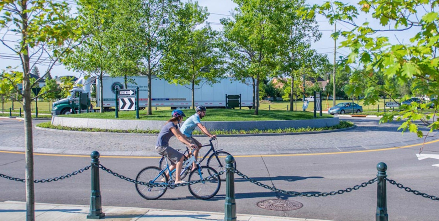 New Albany, Ohio’s central roundabout, designed by OHM Advisors, provides safe bike lanes.