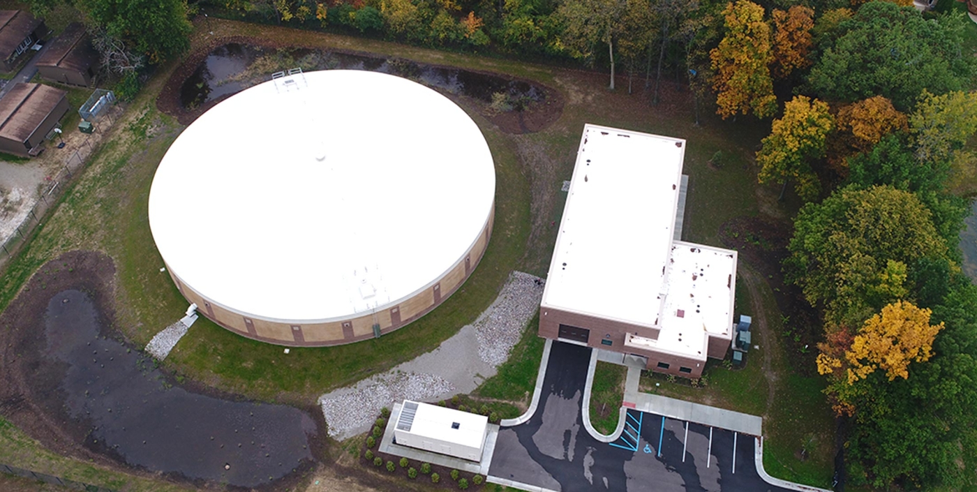 Aerial view of Canton, Michigan’s water storage tank, designed by OHM Advisors to reduce costs.