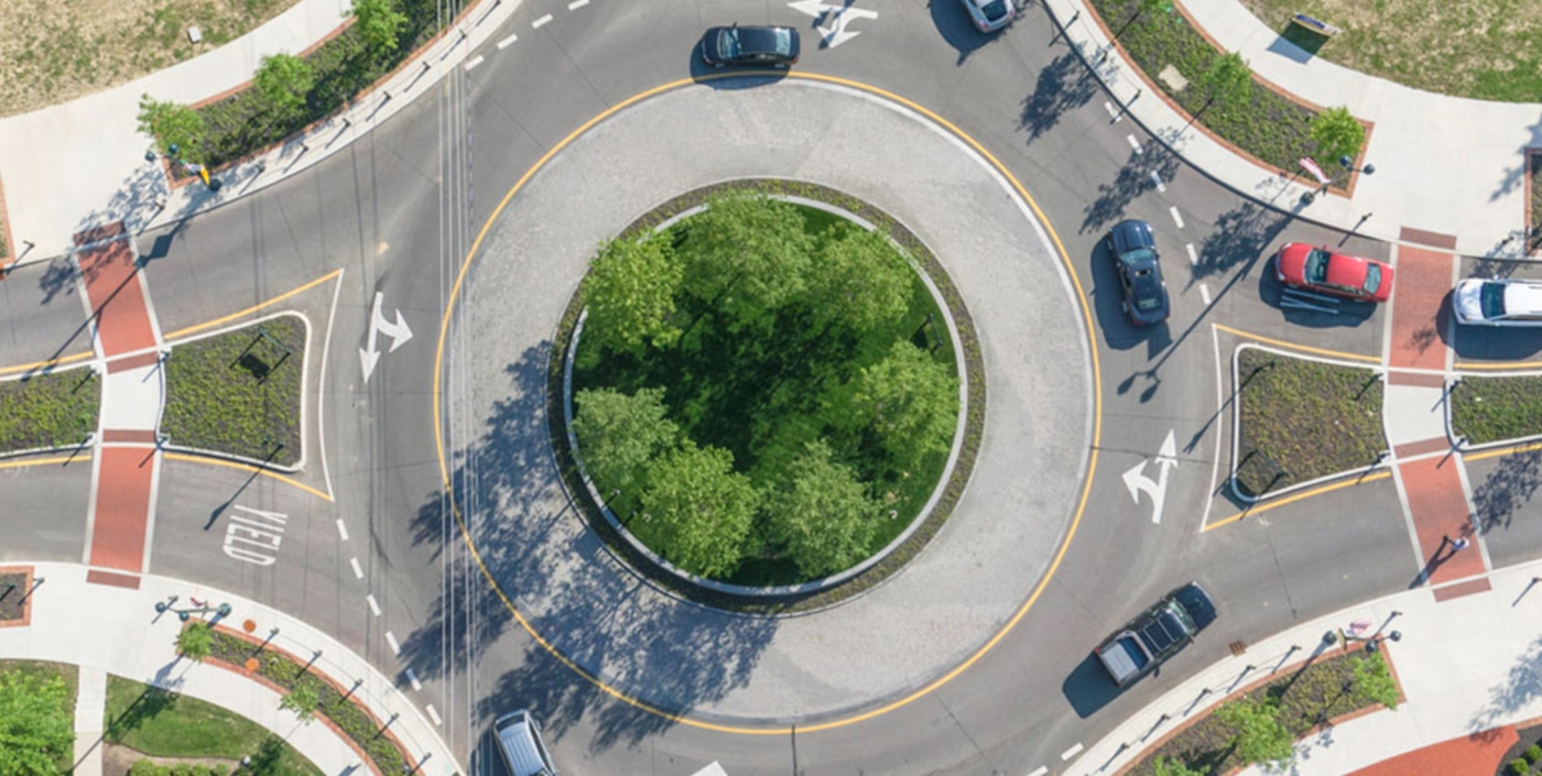 An aerial view of New Albany, Ohio’s central roundabout, designed by OHM Advisors.