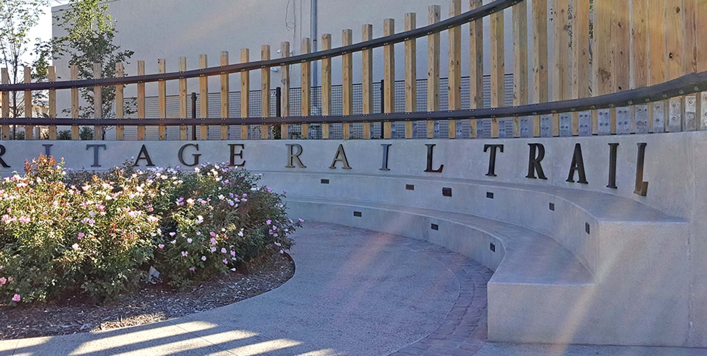 Beautiful signage of the Heritage Rail Trail at Hilliard, Ohio’s First Responders park.