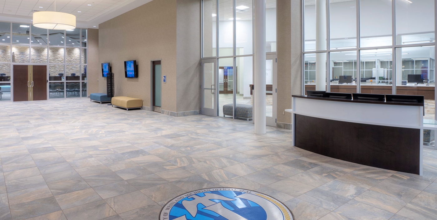 Light and welcoming lobby of Westland's energy efficient City Hall. 