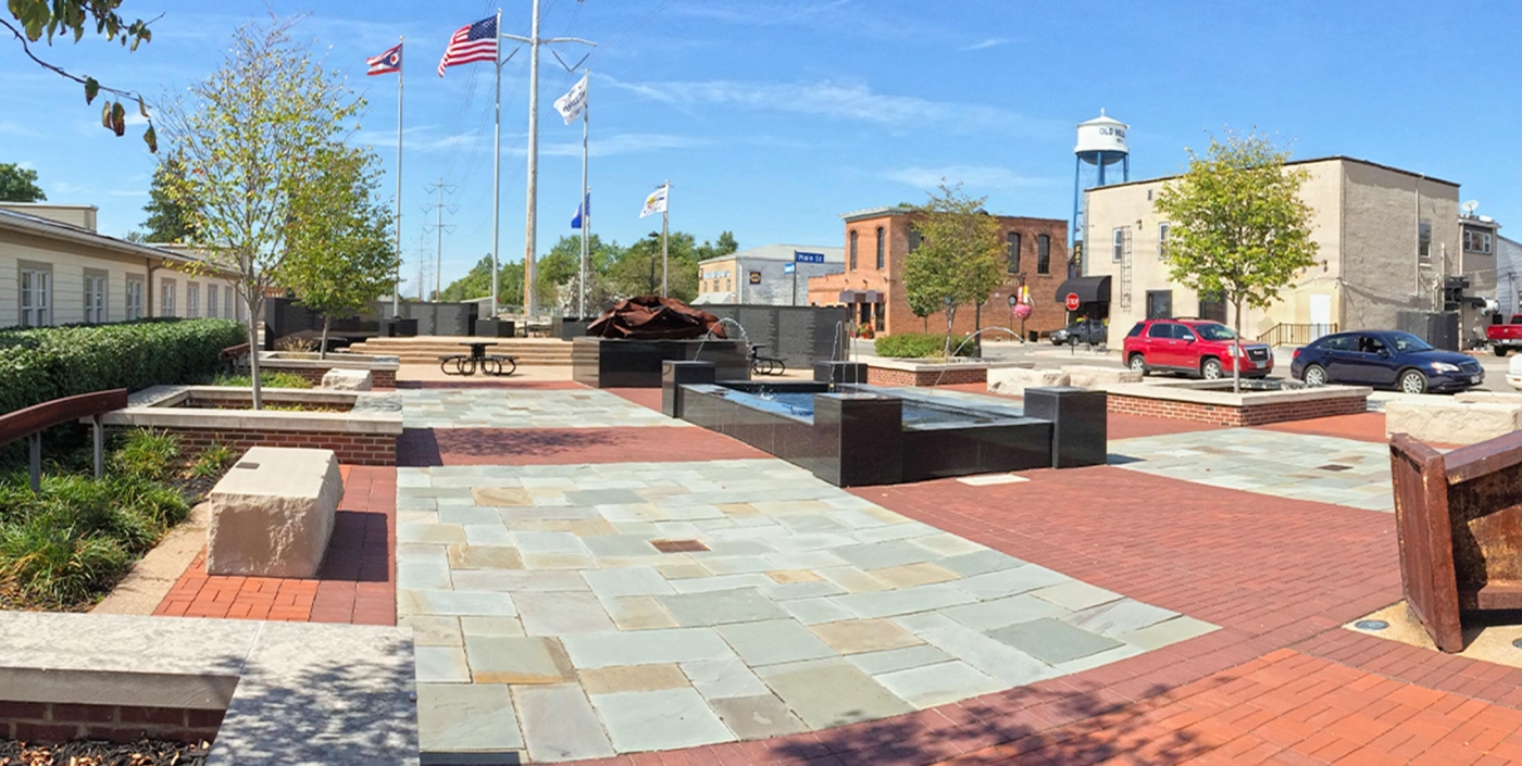 Hilliard First Responders Park is made up of a series of contemplative spaces, and incorporates fountain features, seating areas, sculptures, and memorial monuments.