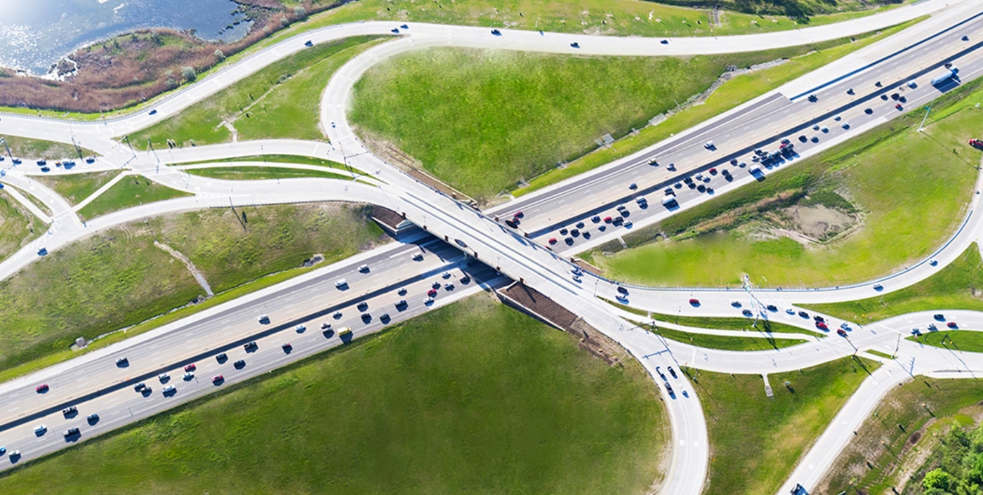 An aerial view of the Diverging Diamond Interchange in Auburn Hills, Michigan.