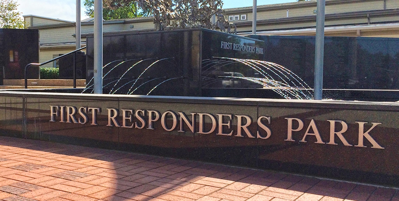 Fountain at Hilliard First Responders Park  is central to this plaza designed for reflection and remembrance.